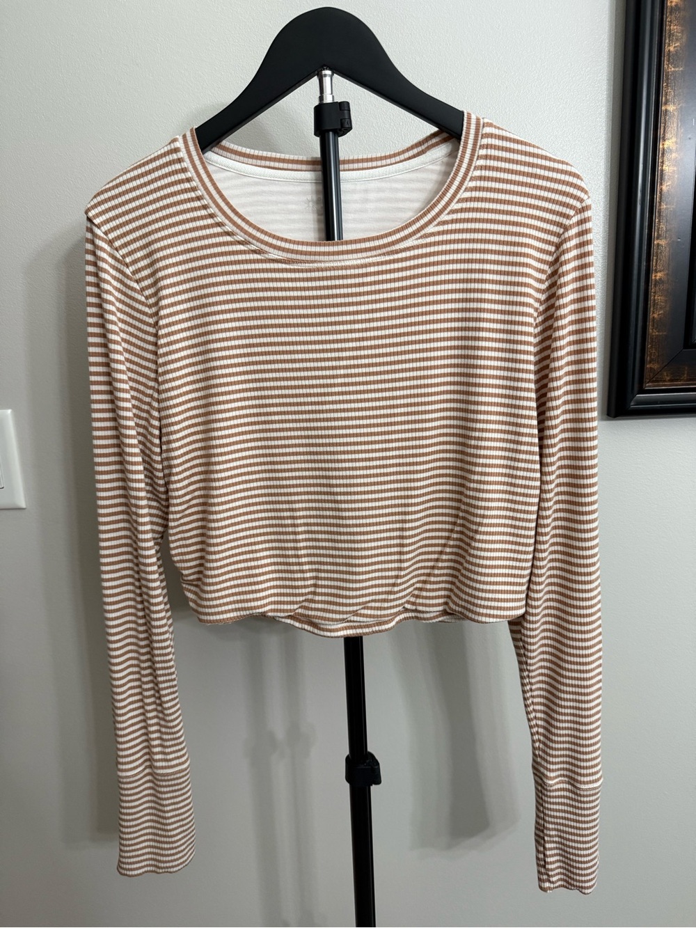 Offline Beige & White Striped Ribbed Long-Sleeve Crop Top